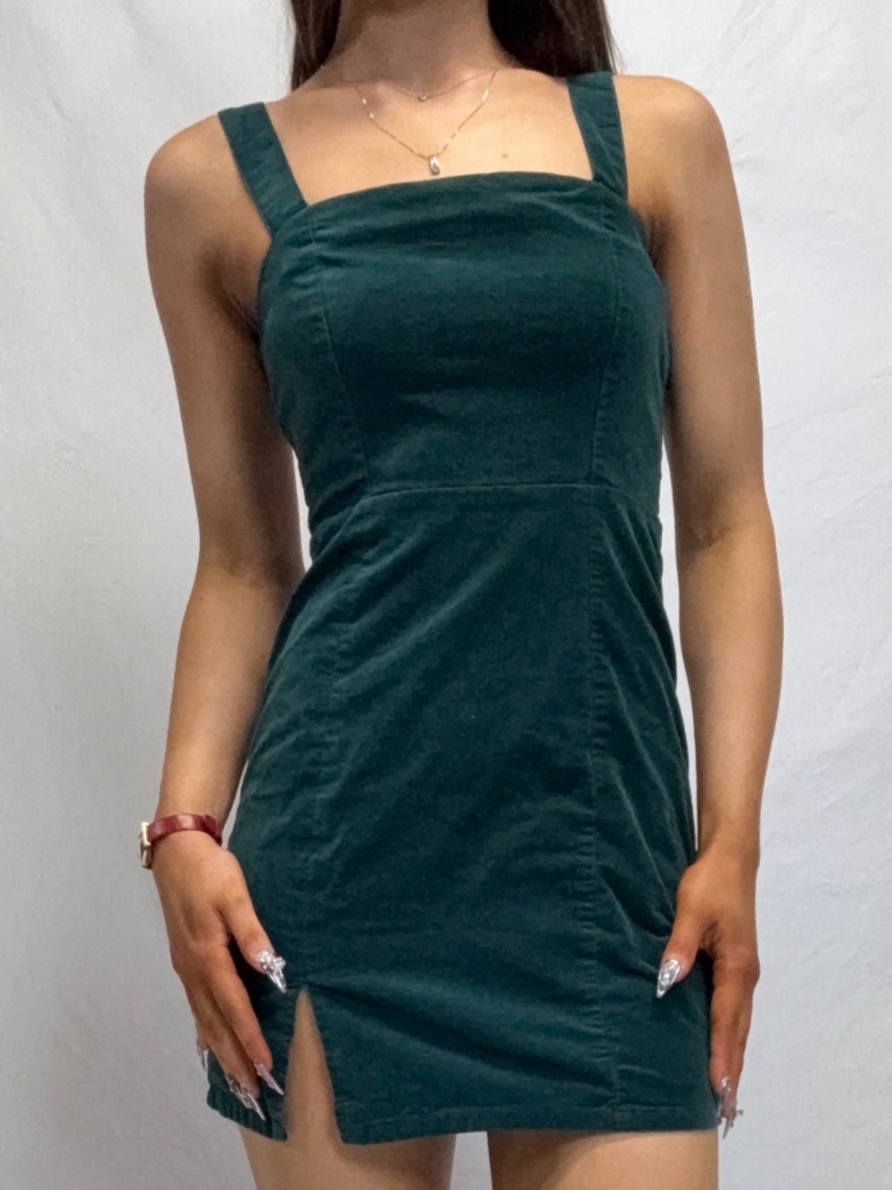 Green mini copper key faux velvet dress